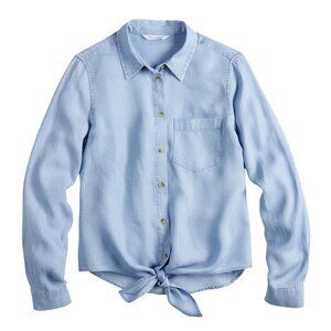 Popsugar Light Blue Chambray Tie-Front Button Up Shirt 100% Lyocell Women's Sz L